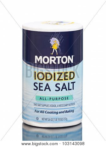 MIAMI, USA - March 30, 2015: A package of Morton Salt Iodized Sea Salt - 26 oz
