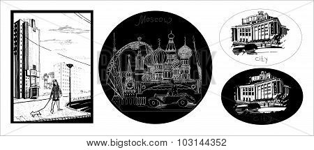 Set of hand draw icons of town