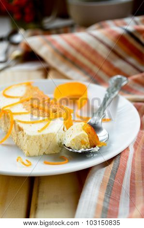 Sweet creamy pudding with cottage cheese and pumpkin souffle