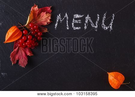 Red Viburnum On Black Slate Background With Message Menu