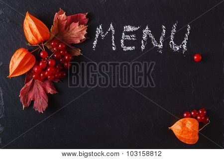 Red Viburnum On Black Slate Background With Message Menu