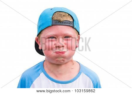 Small Angry Child Boy Try To Hold Breath Getting Red Isolated On White Background