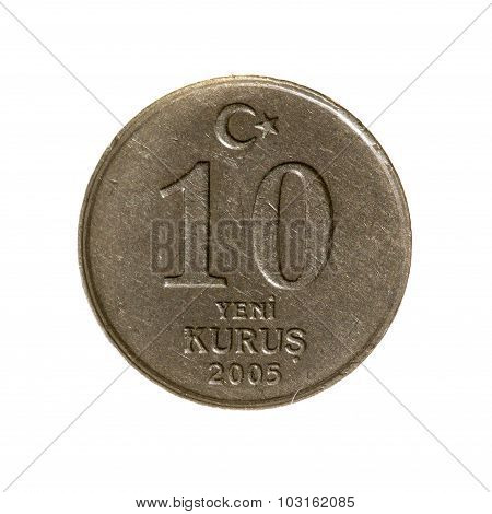 Coin Ten New Kurush Turkey Fone.vid Isolated On A White  Background. Top View.