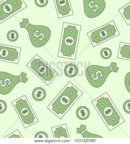Seamless texture with american paper money, bag of dollars and c