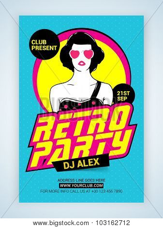 Creative Retro Party Template, Banner or Flyer design with illustration of a young modern girl.