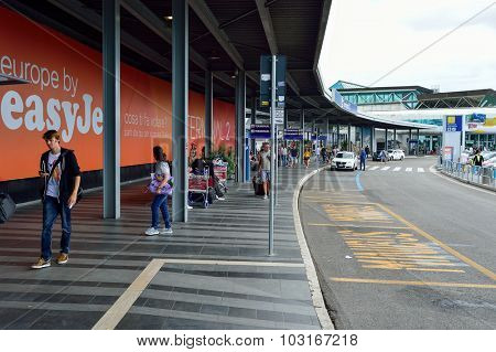 ROME, ITALY - AUGUST 16, 2015: Fiumicino Airport terminal outdoor. Fiumicino - Leonardo da Vinci International Airport is a major international airport in Rome, Italy