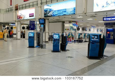NICE, FRANCE - AUGUST 15, 2015: Nice International Airport interior. It is located 5.9 km southwest of Nice, in the Alpes-Maritimes department of France. It is the third busiest airport in France.