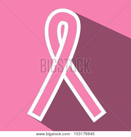 Breast cancer ribbon flat icon with long shadow.