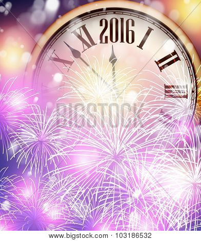 2016 New Year background with clock. Vector paper illustration.