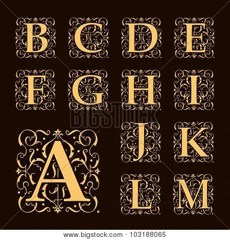 Vintage set capital letters, floral Monograms and beautiful filigree font. Art Deco, Nouveau, Modern