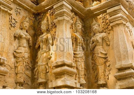 Old Pagoda Temple And Art Sculptural On Wall.