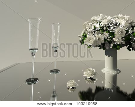 Sparkling Champagne glasses and white flowers