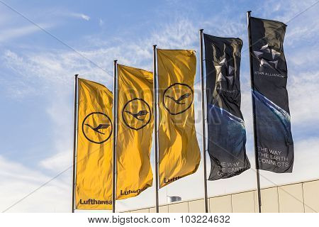 Lufthansa Flag With Lufthansa Symbol, The Crane And Star Alliance Flag