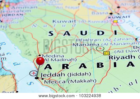 Jeddah pinned on a map of Asia