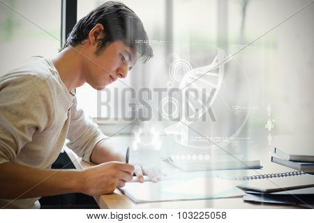 Illustration of DNA against serious male student writing