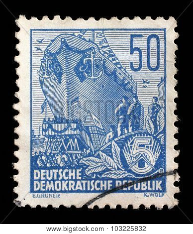 GDR - CIRCA 1955: A stamp printed in GDR, shows an Ocean-going ship on stack, series Five-year plan, circa 1955