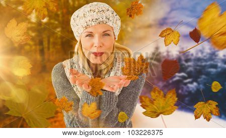 Happy winter blonde against autumn changing to winter