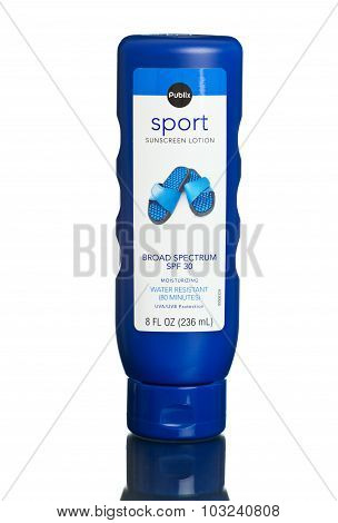MIAMI, USA - March 30, 2015: Bottle of Publix Sport sun screen broad spectrum SPF 30, water resistan