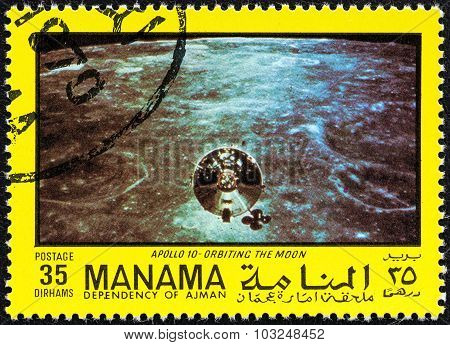 MANAMA DEPENDENCY - CIRCA 1970: Stamp shows Apollo 10 orbiting the moon