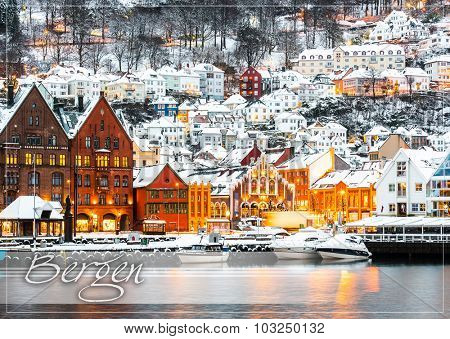 postcard with Famous Bryggen street with wooden colored houses in Bergen, Norway