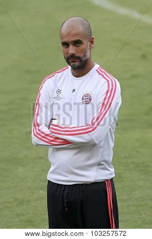 Coach Josep Guardiola Of Bayern Munchen Before The Start Of Uefa Champions League Game Between Olymp