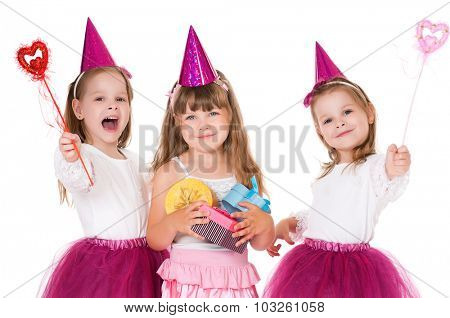 Cute little girls with gifts, isolated on white background