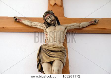 LIPIK, CROATIA - MAY 07: Crucifixion, Jesus died on the cross Church of Saint Francis of Assisi in Lipik, Croatia on May 07, 2015