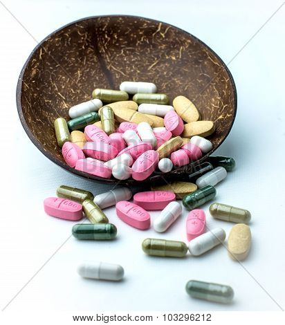 Many Pills And Tablets Isolated On White Background