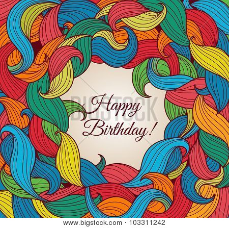 Happy Brithday Card With Frame Of Colored Foliage