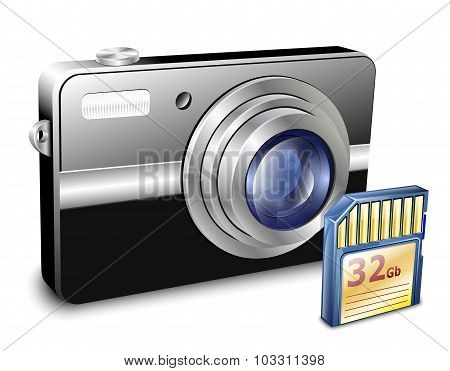 Compact Photo Camera With Memory Card. Vector Illustration