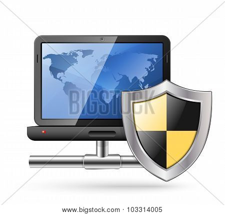 Icon Of A Laptop With A Network Connection And Protective Shield. Vector Illustration