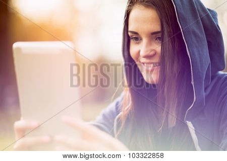 Beautiful Girl With Tablet Or Ebook Outdoor