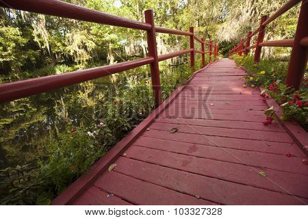 The red bridge in Magnolia Gardens in Charleston is a popular landmark