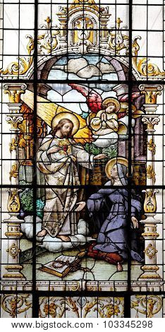 ZAGREB, CROATIA - MAY 28: Jesus and Saint Margaret Mary Alacoque, stained glass window in the Basilica of the Sacred Heart of Jesus in Zagreb, Croatia on May 28, 2015