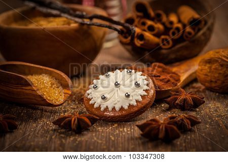 Christmas gingerbread with ingredients and spices