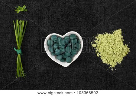 Chlorella, Spirulina And Wheatgrass.