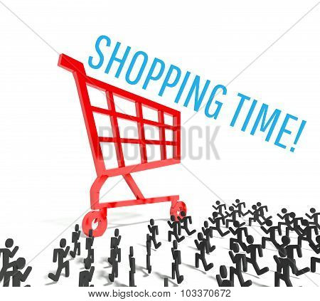 Shopping Time, Crowd Of People Running To Shopping Cart