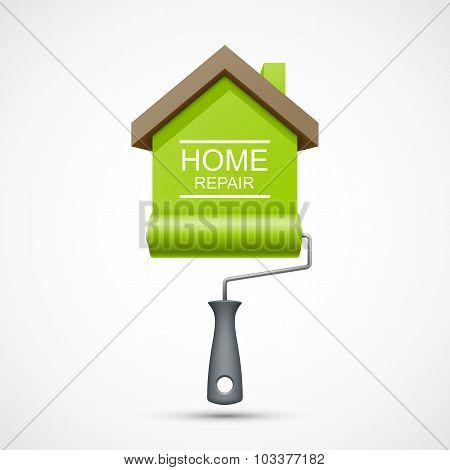 House repair icon. Paint roller with green house