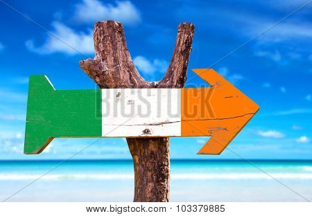 Ireland flag wooden sign with ocean background