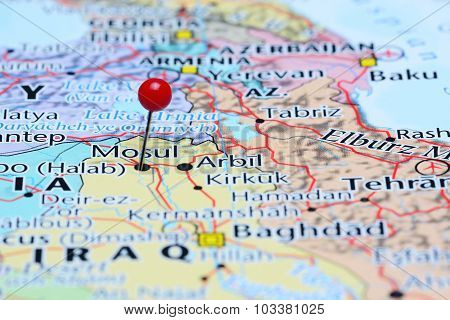 Mosul pinned on a map of Asia