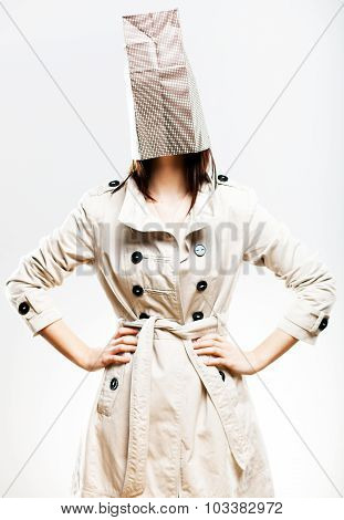 Consumerism Fashionable Woman With Shopping Bag On Head