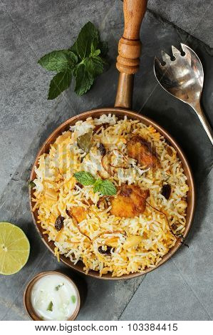 Fish Biryani with Raita Top View