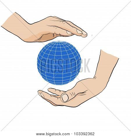 Two hands holding  blue globe. Global Earth Care.