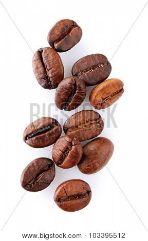 Brown coffee beans isolated on white