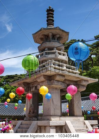 The old Bulguksa Temple hanging lanterns for celebrating the Buddhas birthday, Gyeongiu, South Korea