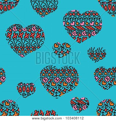 Seamless doodle geometric pattern with hearts.