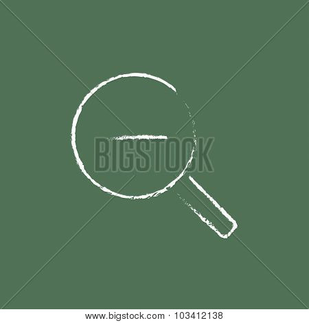 Zoom out hand drawn in chalk on a blackboard vector white icon isolated on a green background.