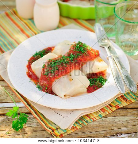 Cabbage Rolls With Tomato Sauce And Dill
