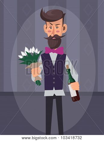 Man With Flowers And Wine