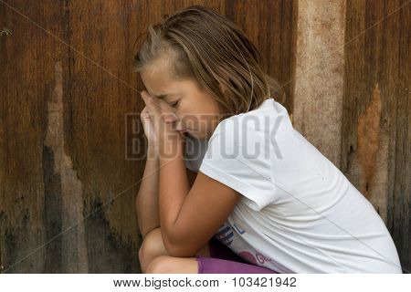 Bullied Girl Child Cry In Front Of Door Alone